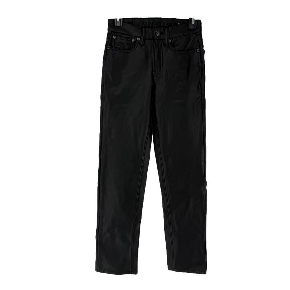American Eagle 90s Straight Vegan Leather Pants Size 00 SHORT Black High Rise